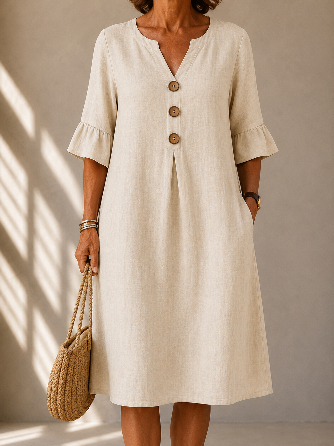 Notch Neck Button Front Bell Sleeve Midi Dress