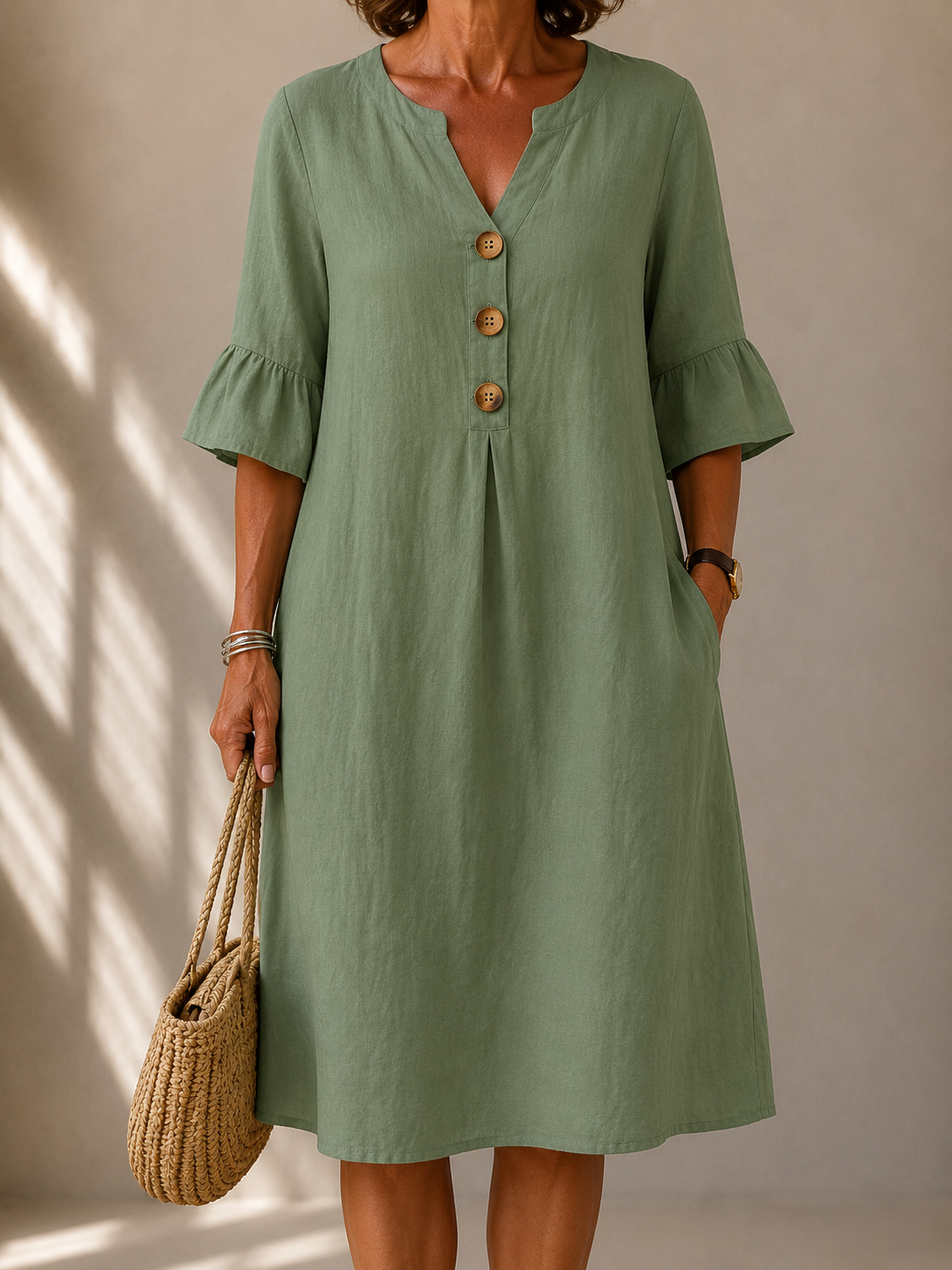 Notch V-Neck Button Front Bell Sleeve Midi Dress