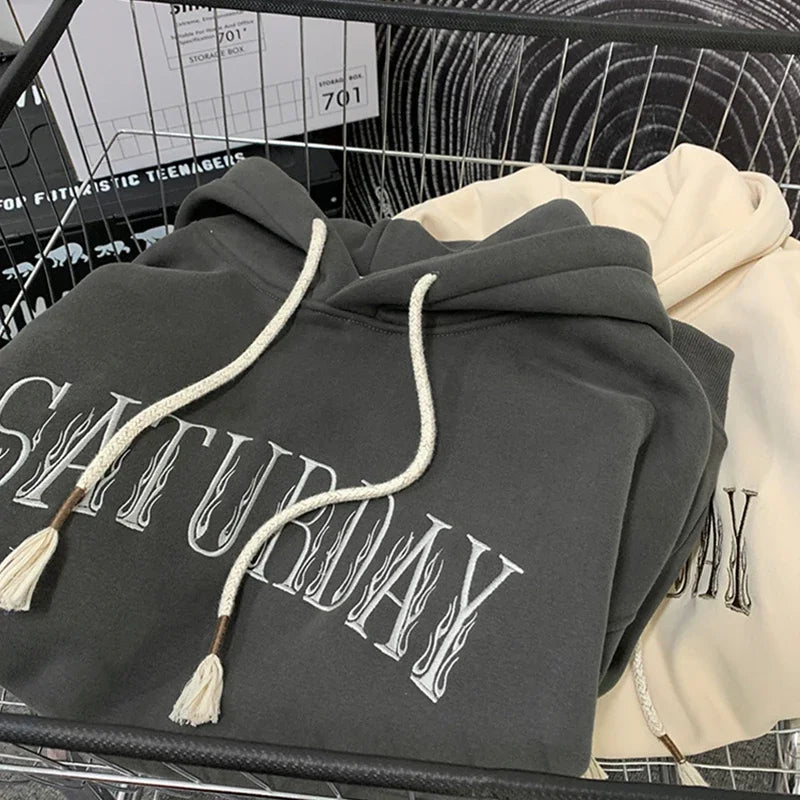 American Flame Print Fleece Y2K Hoodie