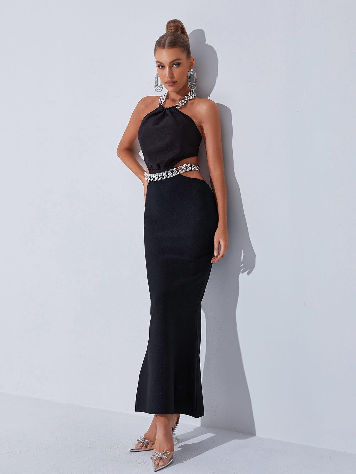 Halter Neck Chain Link Collar Side Cut Out Bandage Bodycon Maxi Dress