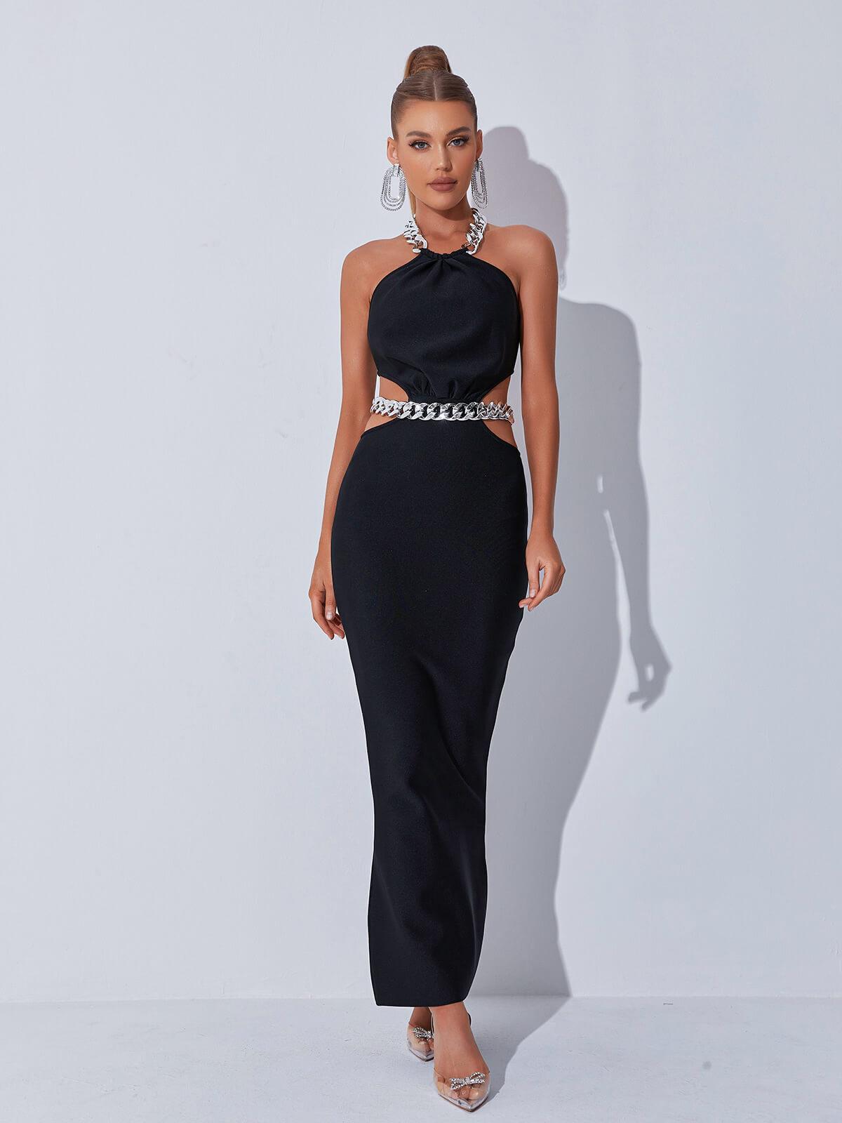Halter Neck Chain Link Collar Side Cut Out Bandage Bodycon Maxi Dress - View 2