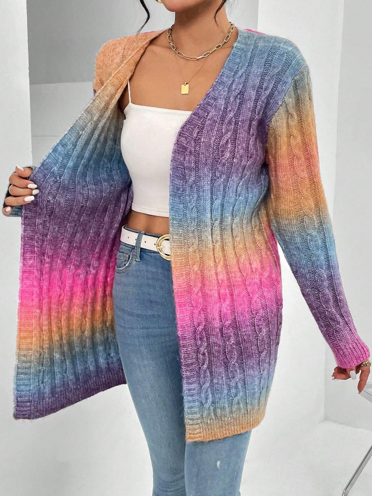 Cable Knit Open Front Long Sleeve Duster Cardigan 7