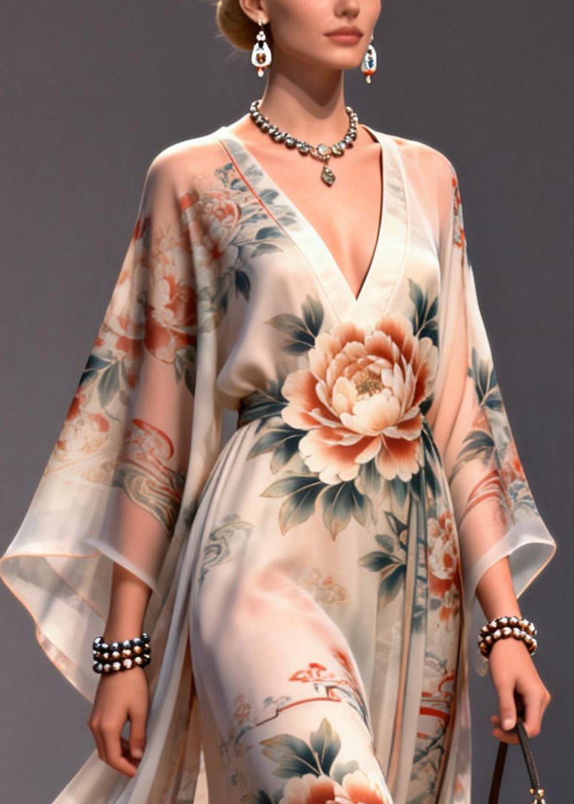 Apricot Floral Print Chiffon Maxi Dresses Exra Large Hem Summer - View 2