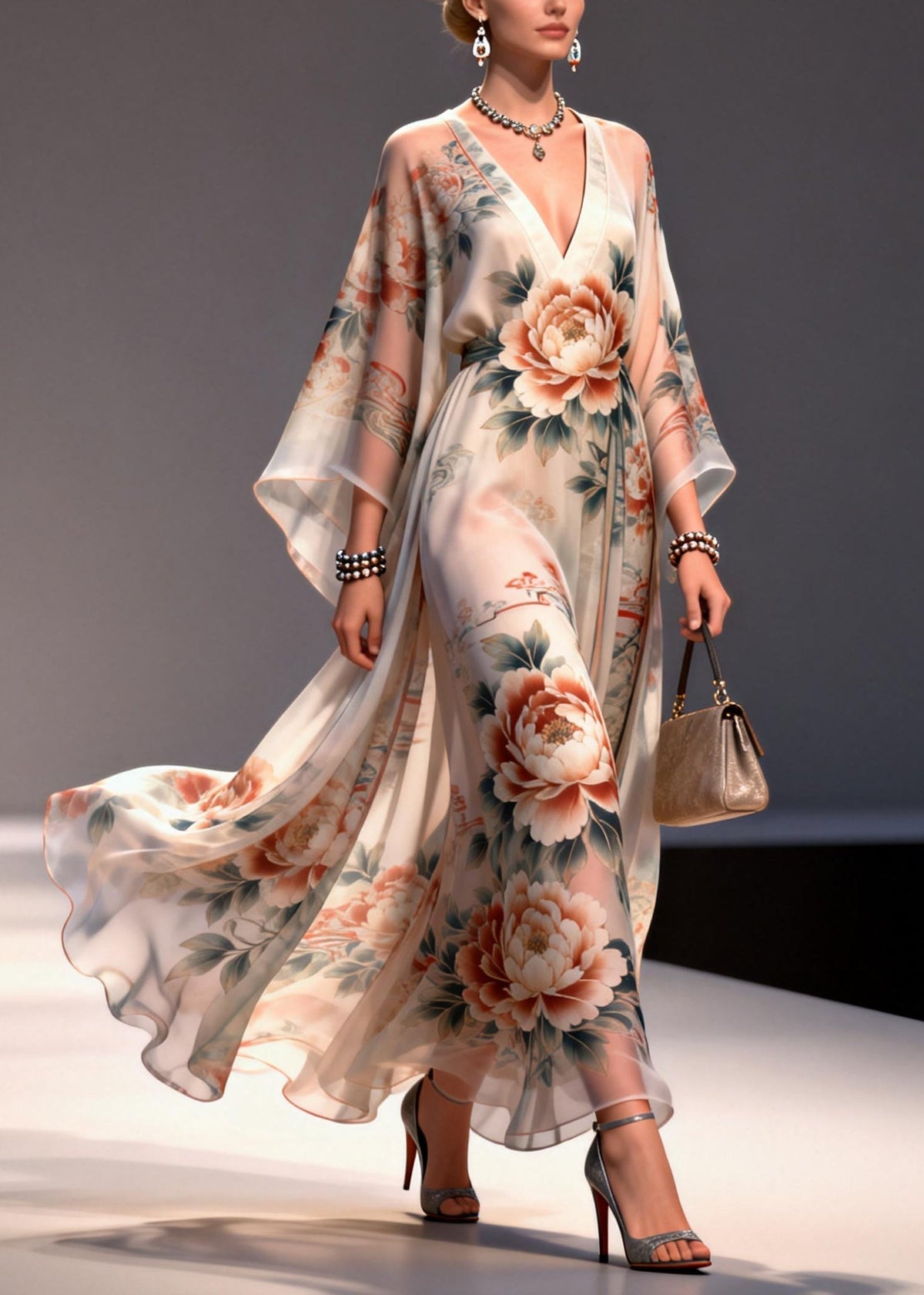 Apricot Floral Print Chiffon Maxi Dresses Exra Large Hem Summer - View 5