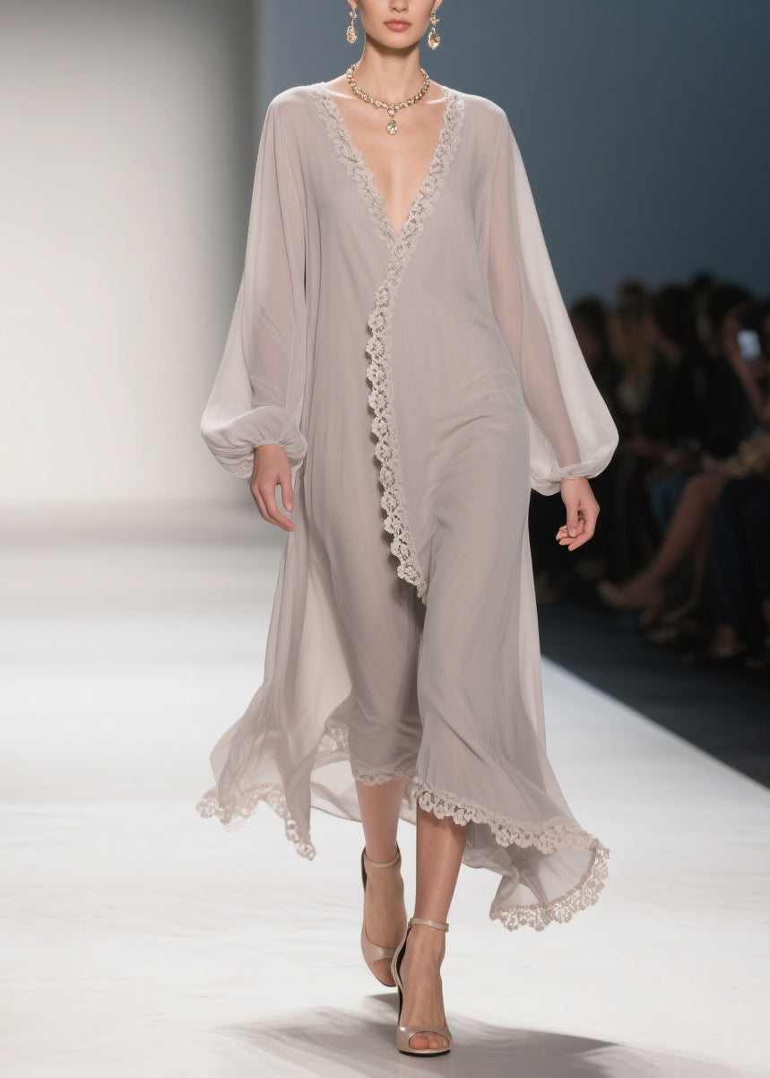 Apricot Lace Solid Chiffon Maxi Dresses V Neck - View 3