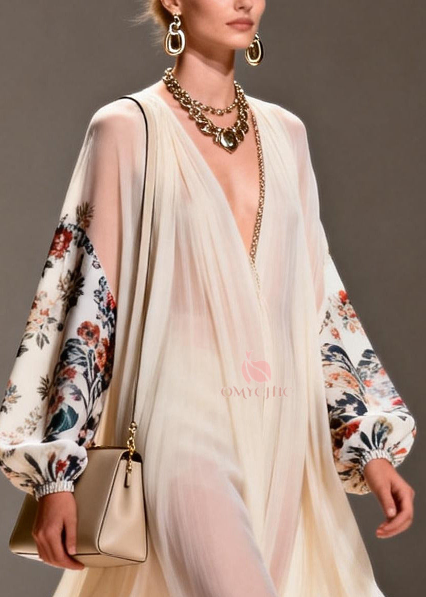 Chiffon Deep V-Neck Floral Balloon Sleeve Pleated Maxi Gown - View 2