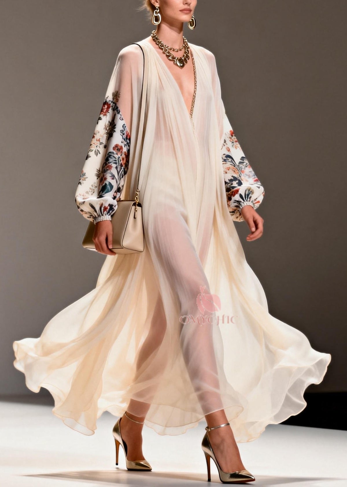 Chiffon Deep V-Neck Floral Balloon Sleeve Pleated Maxi Gown - View 5