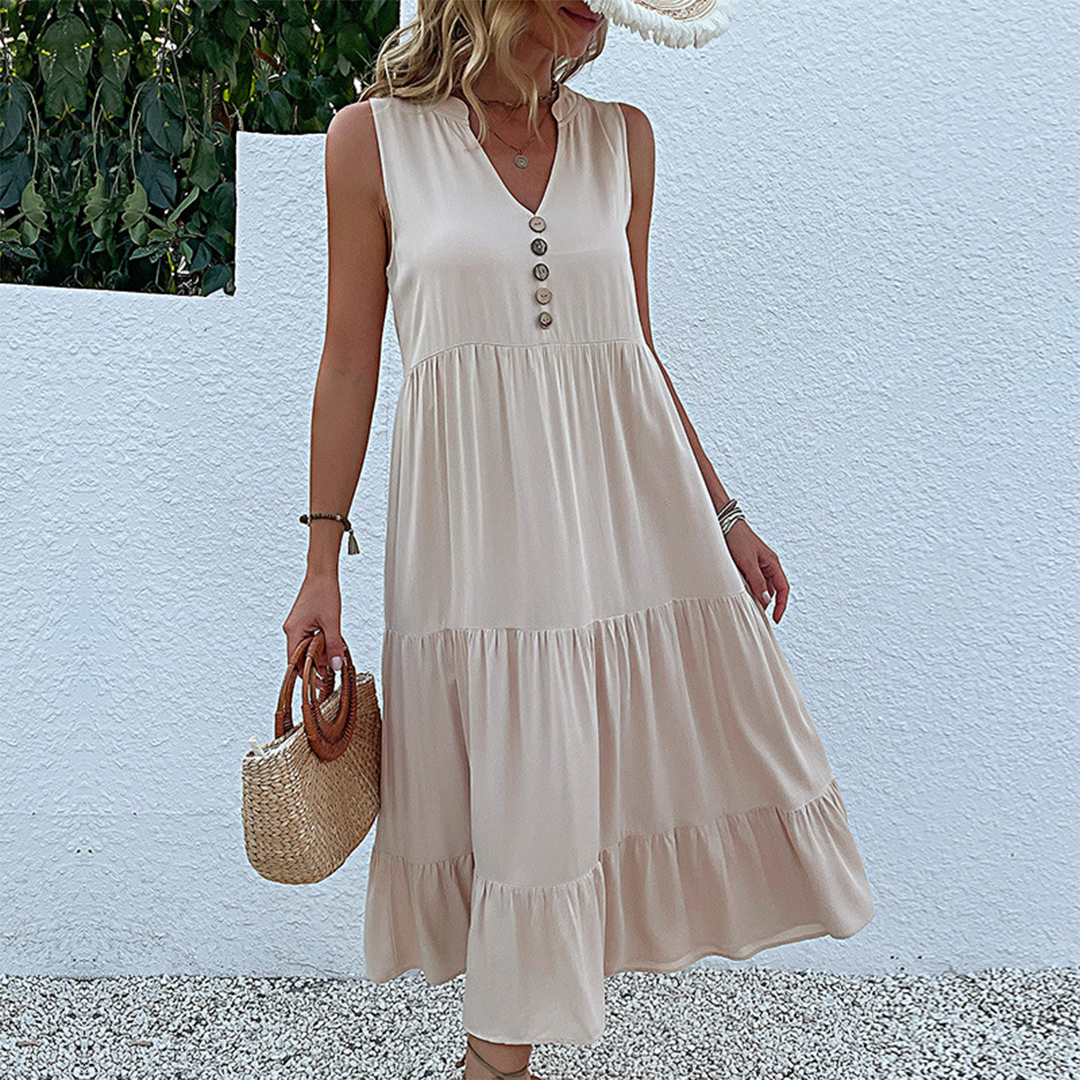 Sleeveless V-Neck Button Front Tiered Babydoll Midi Summer Dress