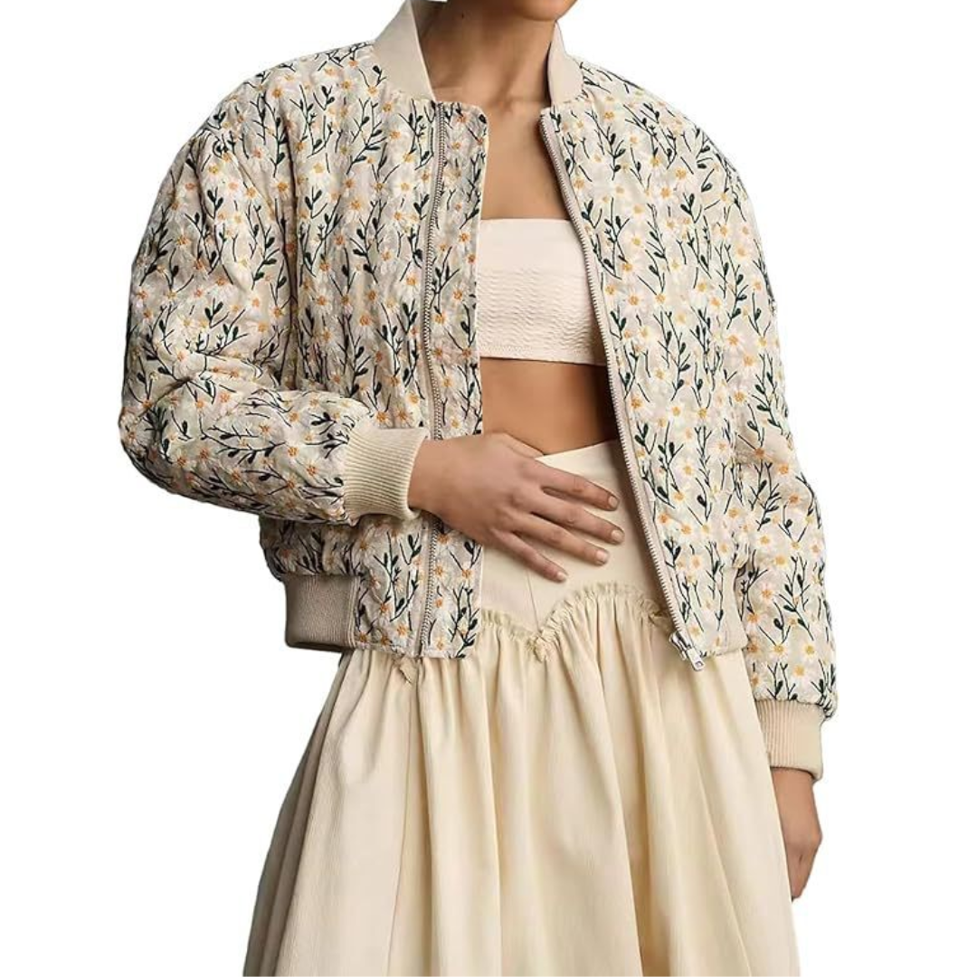 Daisy Floral Quilted Zip Front Cropped Bomber Jacket 3