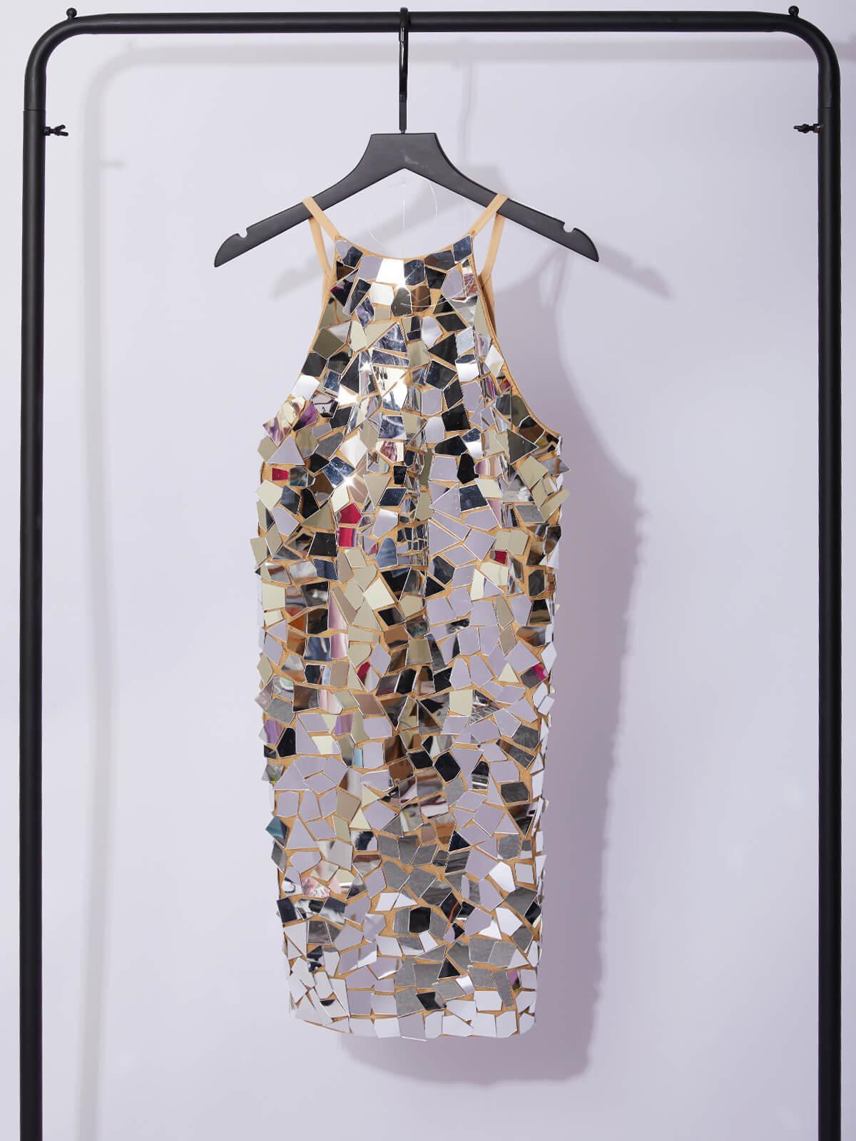Halter Neck Irregular Mirror Tile Mosaic Bodycon Mini Dress - View 7