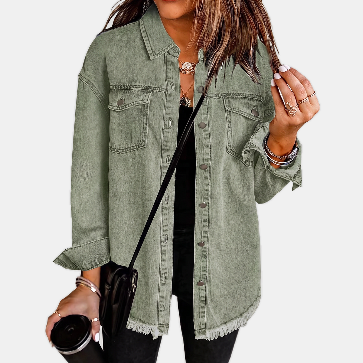 Oversized Frayed Hem Button Front Denim Shacket 2