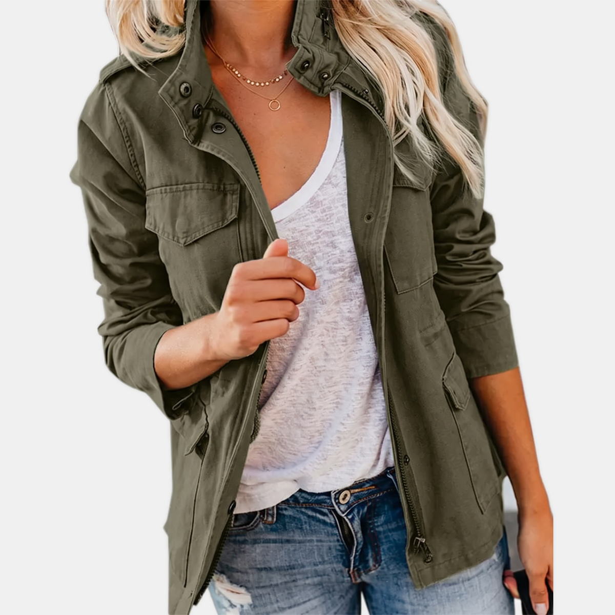 Stand Collar Zip Front Flap Pocket Utility Jacket 4