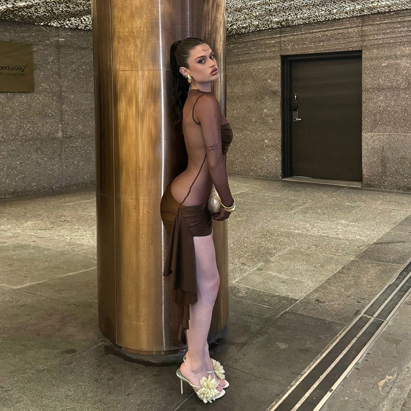 Mesh Cut Out Crew Neck Long Sleeve Asymmetric Drape Mini Dress - View 4