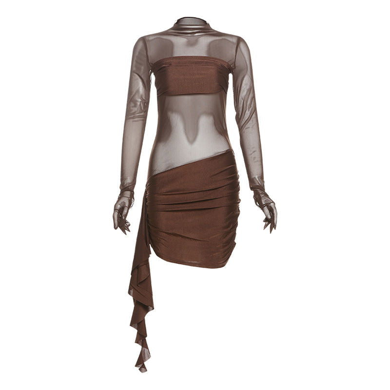 Mesh Cut Out Crew Neck Long Sleeve Asymmetric Drape Mini Dress - View 5