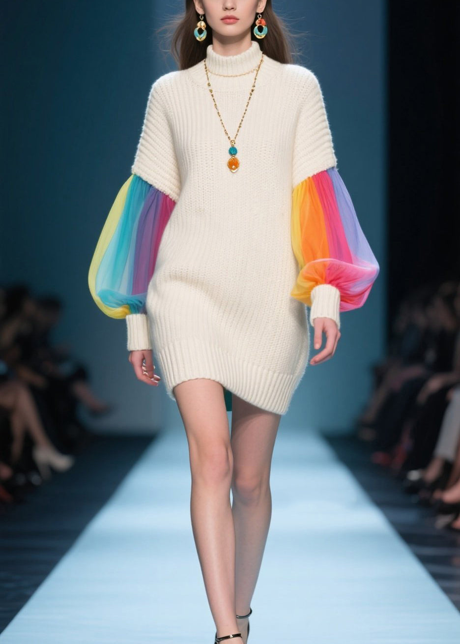 Knit Mock Neck Tulle Lantern Sleeve Ribbed Cuff Mini Sweater Dress