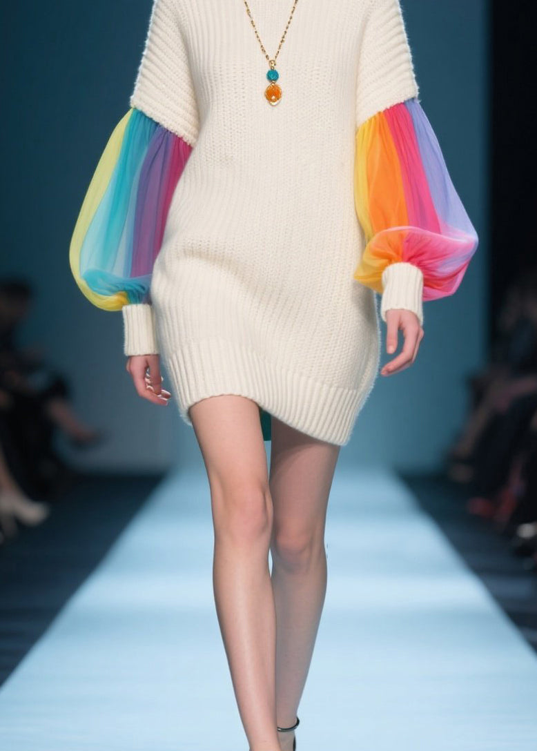 Knit Mock Neck Tulle Lantern Sleeve Ribbed Cuff Mini Sweater Dress - View 4