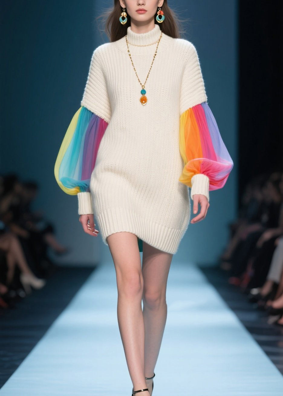 Knit Mock Neck Tulle Lantern Sleeve Ribbed Cuff Mini Sweater Dress - View 5