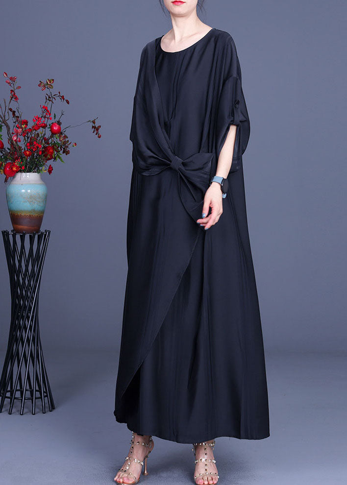 Batwing Sleeve Round Neck Knotted Waist Draped Panel Maxi Dress - View 2