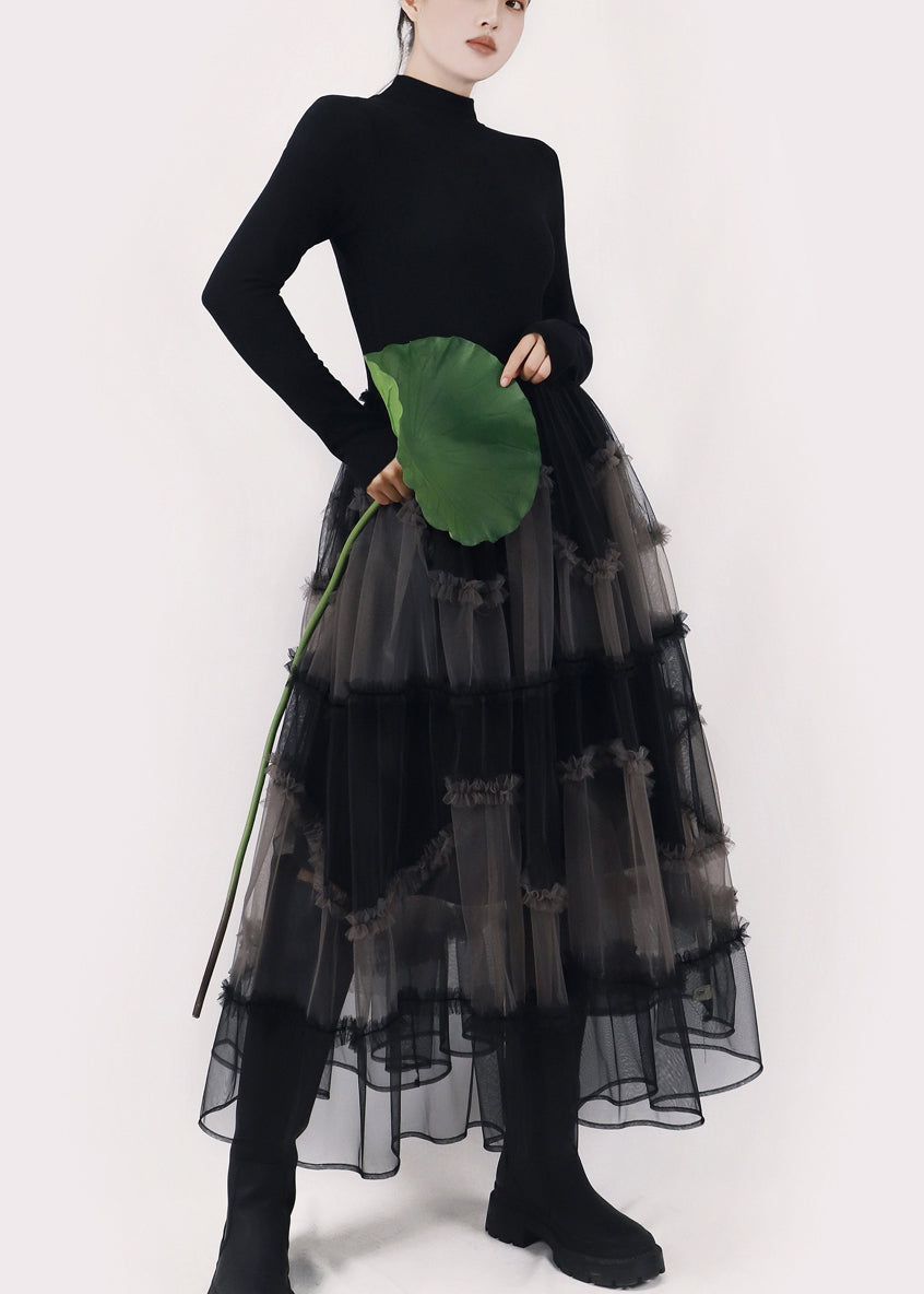 Art Black Asymmetrical Ruffled Tulle Patchwork Long Dresses Winter - View 3