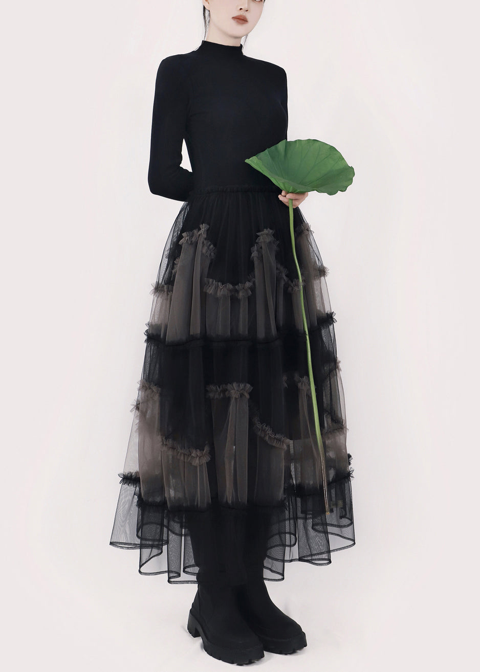 Art Black Asymmetrical Ruffled Tulle Patchwork Long Dresses Winter - View 4
