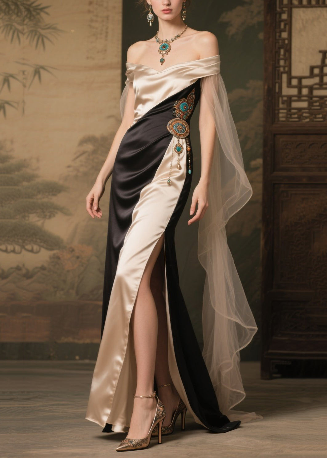 Colorblock Off Shoulder Wrap Cape Panel Filigree Waist Maxi Gown