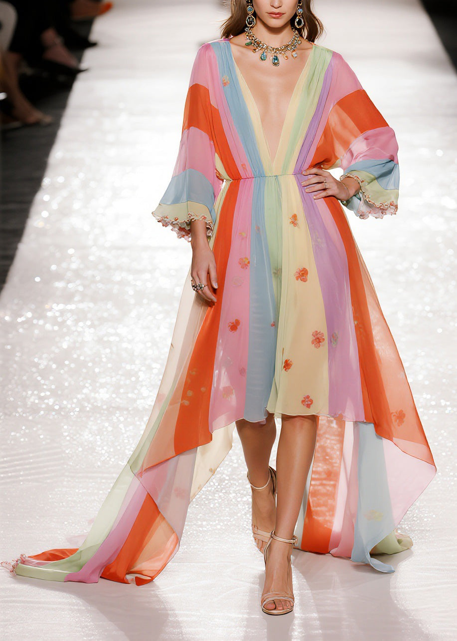 Chiffon Deep V-Neck Bell Sleeve Floral Striped Maxi Gown - View 5