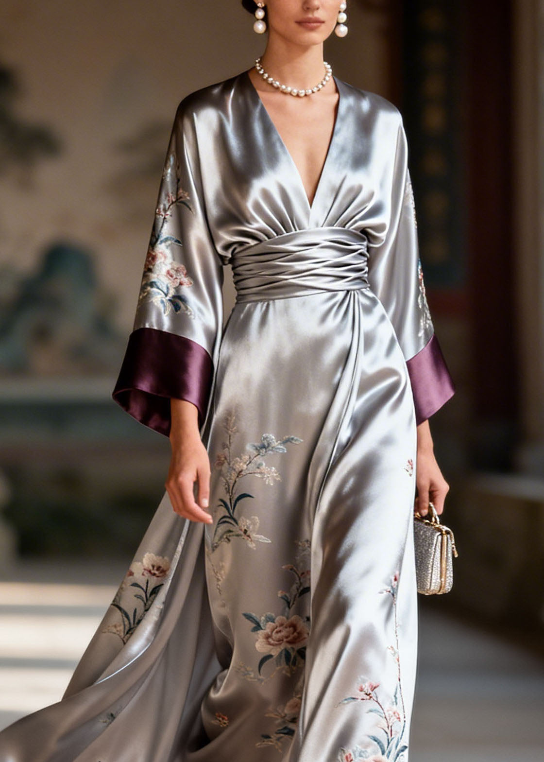 Satin Floral Butterfly Embroidery Deep V-Neck Sleeve Maxi Dress - View 2