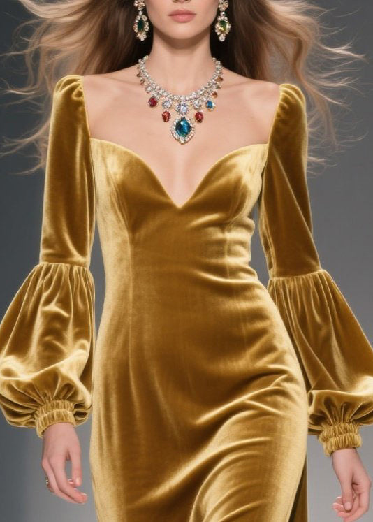 Art Golden Bustier Top Side Open Silk Velvet Maxi Dresses Lantern Sleeve - View 2