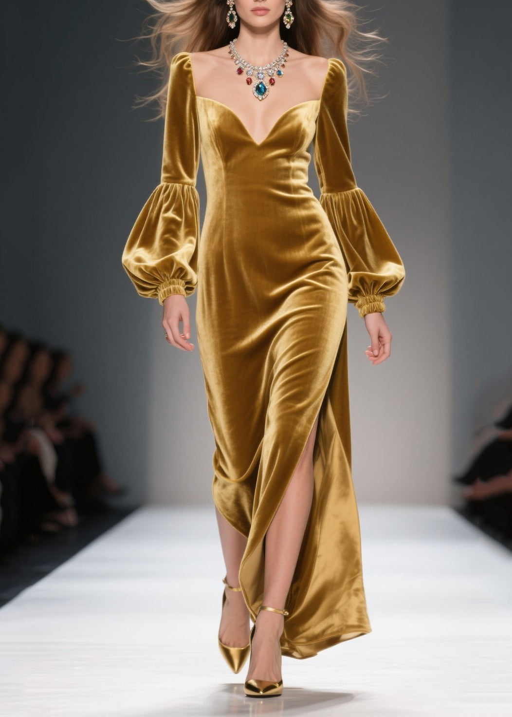 Art Golden Bustier Top Side Open Silk Velvet Maxi Dresses Lantern Sleeve - View 5