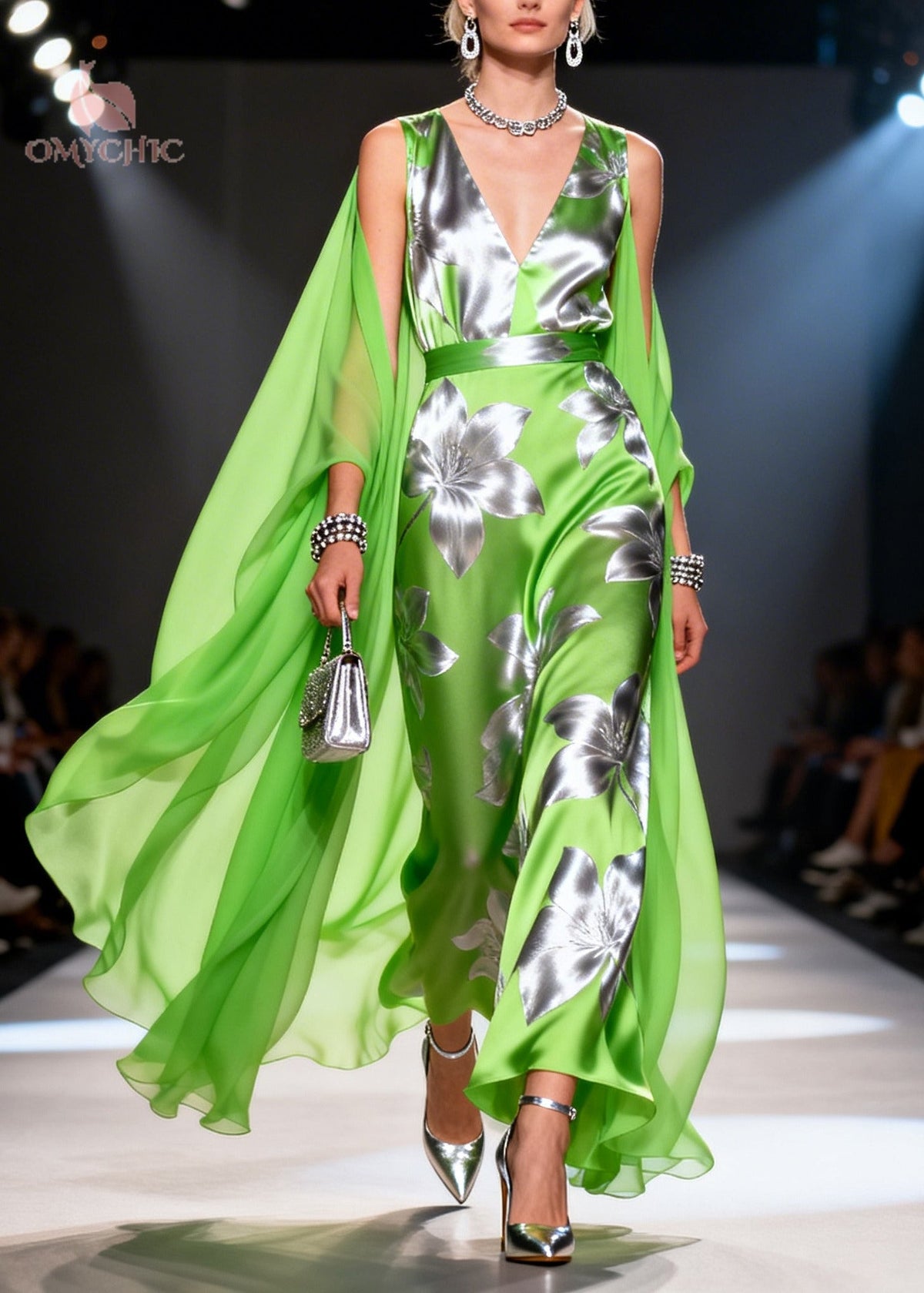 Satin Deep V-Neck Sleeveless Metallic Floral Belted Maxi Gown - View 5