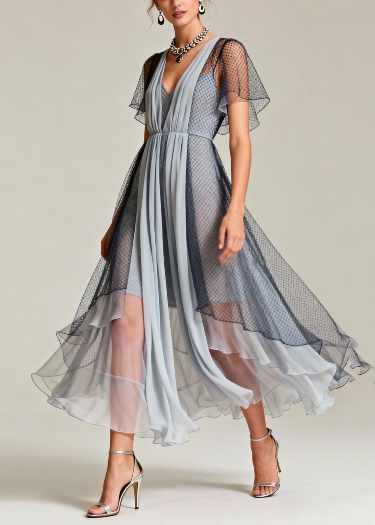 Art Grey Hollow Out Exra Large Hem Tulle Maxi Dresses Summer - View 5