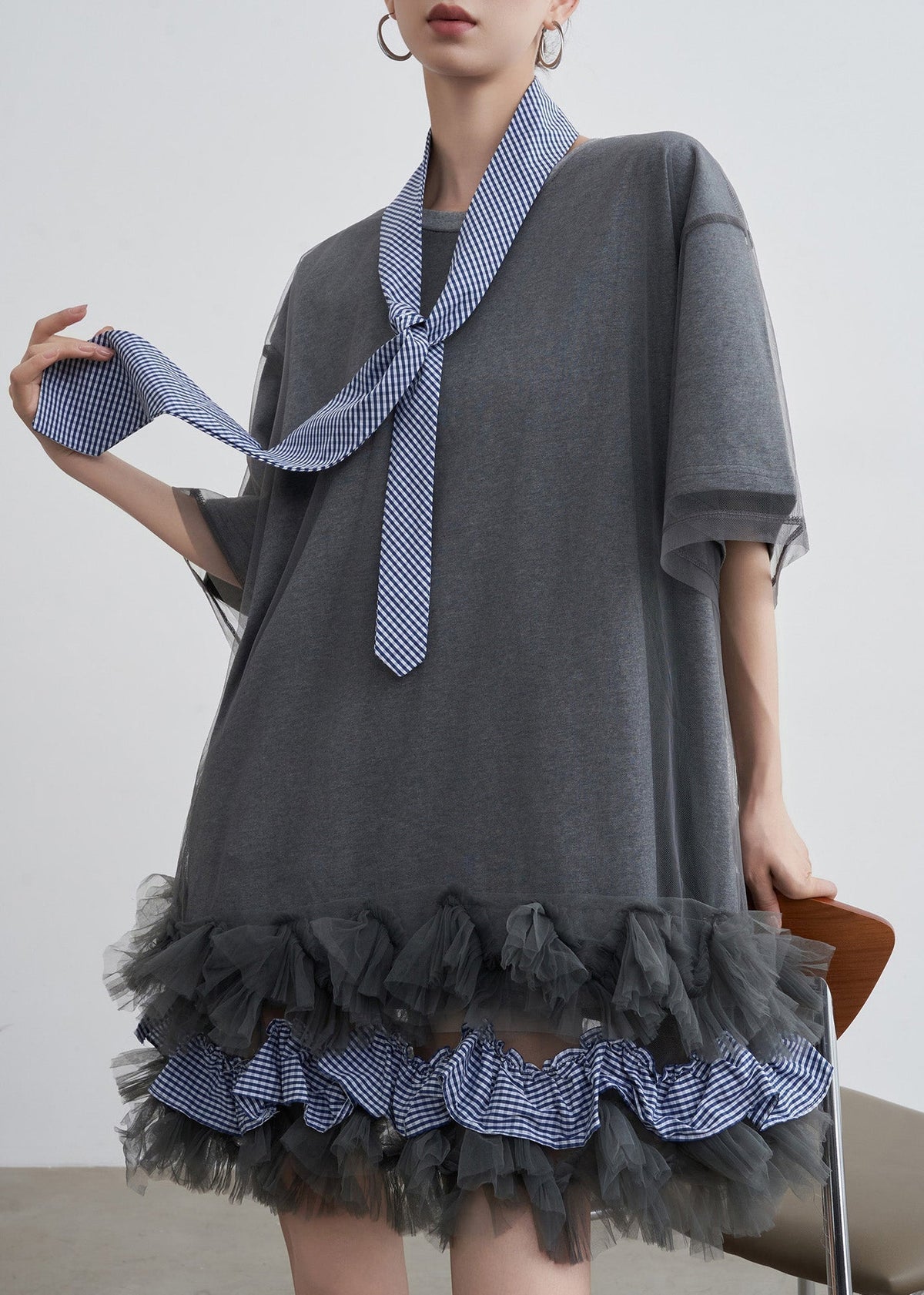 Art Grey Ruffled Tulle Patchwork Cotton T Shirt Dresses Summer - View 3