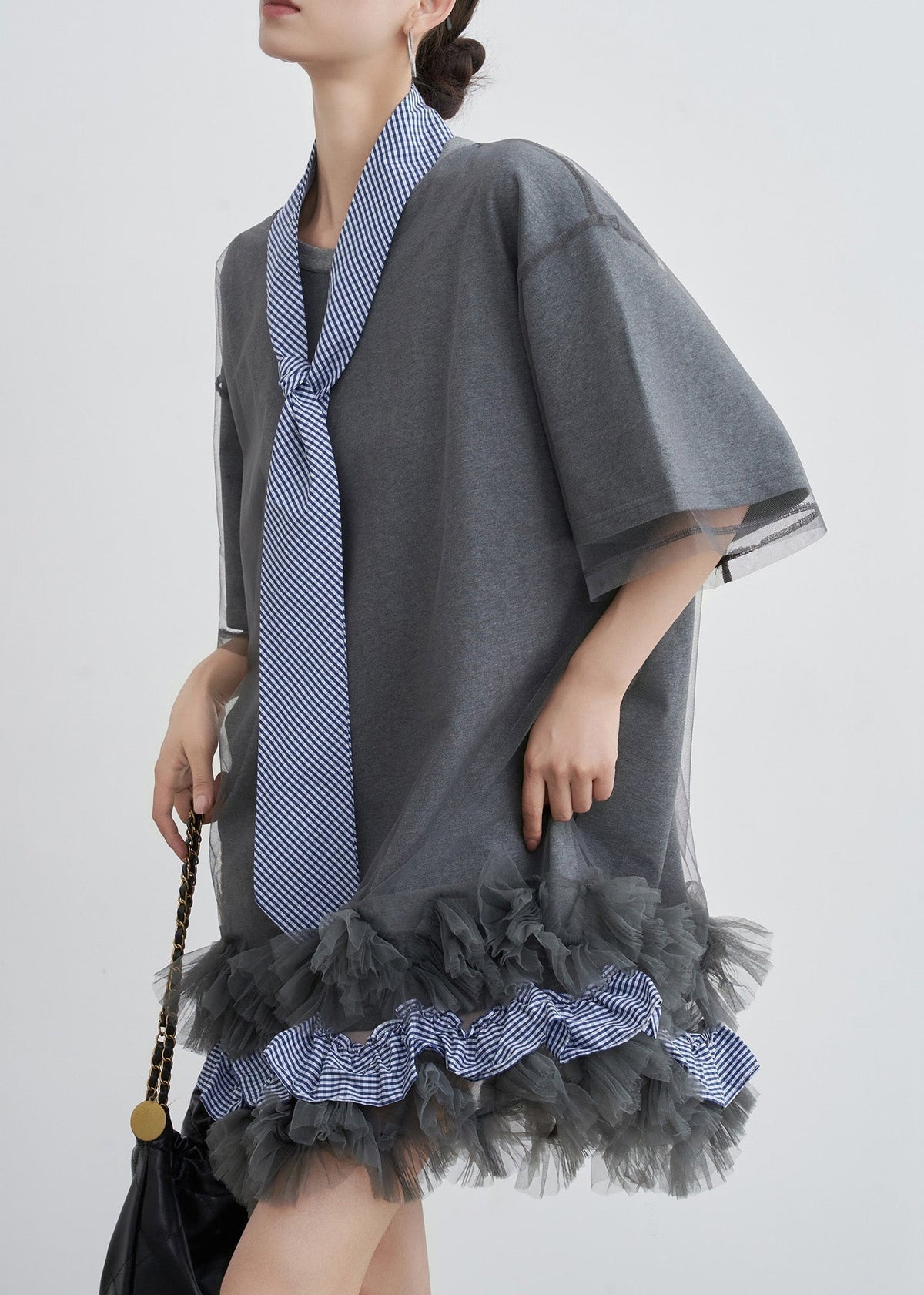 Art Grey Ruffled Tulle Patchwork Cotton T Shirt Dresses Summer - View 4