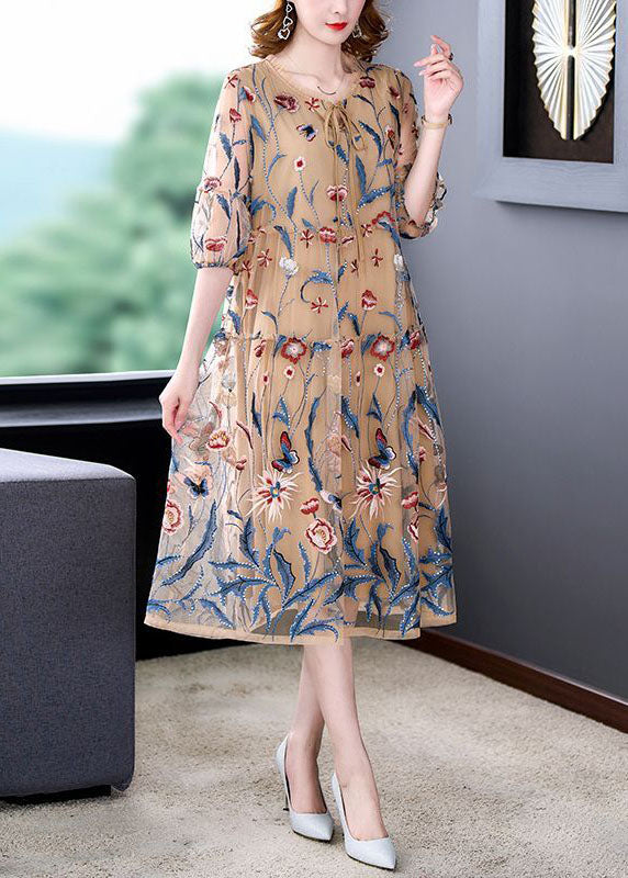 Embroidered Butterfly Floral Mesh Tiered Puff Sleeve Midi Dress - View 4