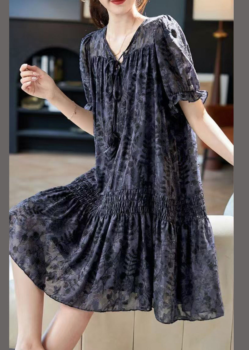 Burnout Floral V-Neck Tie Cord Short Sleeve Shirred Mini Dress - View 2