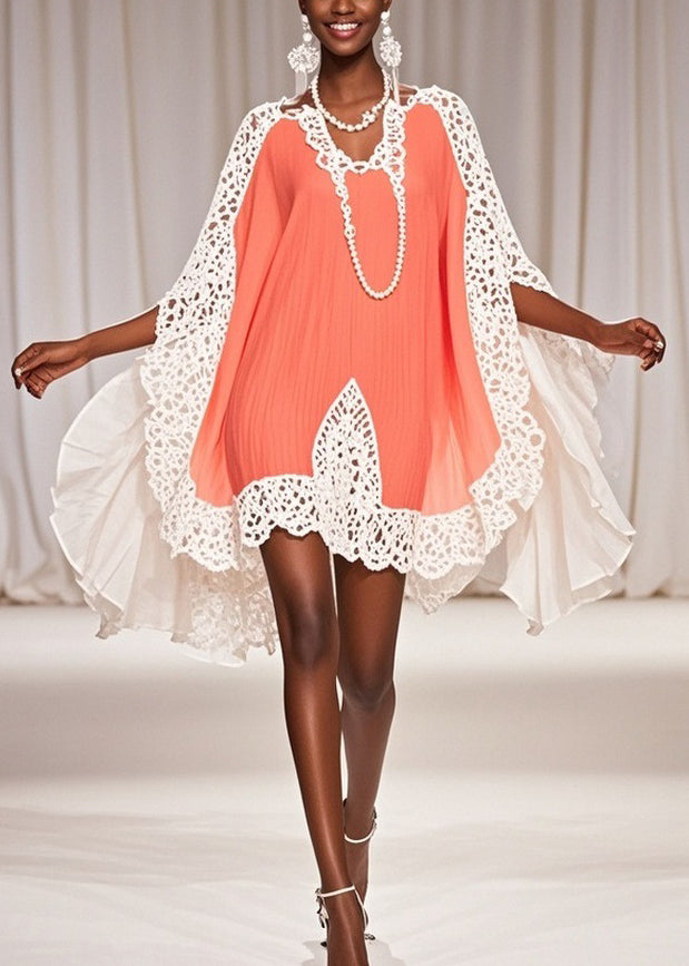 Crochet Lace Trim Butterfly Sleeve Chiffon V-Neck Kaftan Mini Dress - View 5