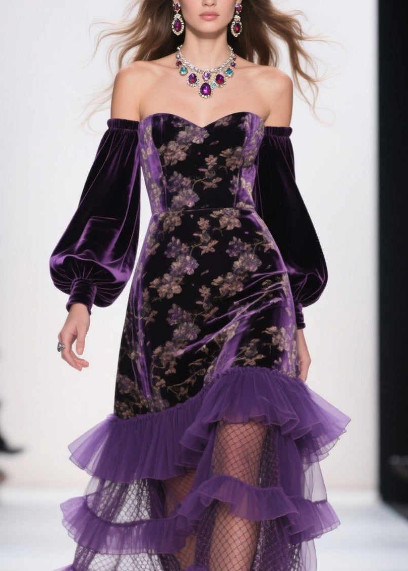 Art Purple Cold Shoulder Print Ruffled Velvet Dress Fall - View 2