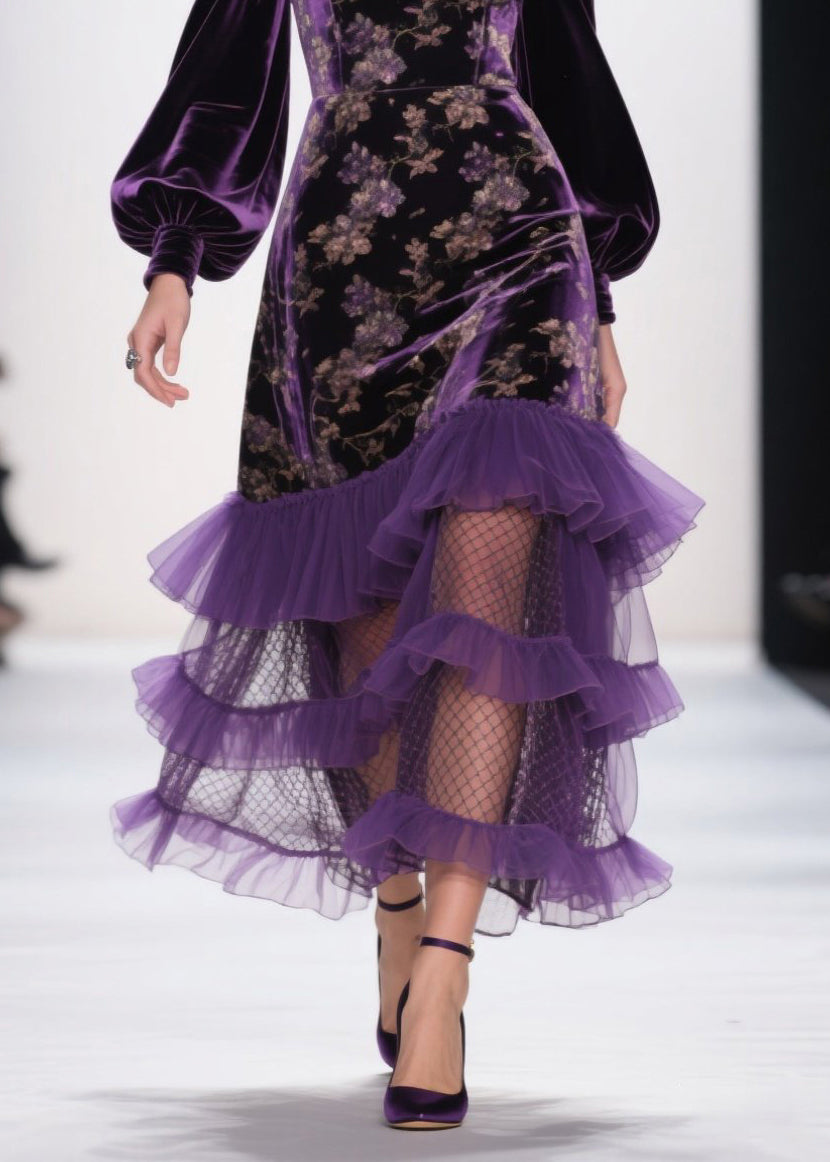 Art Purple Cold Shoulder Print Ruffled Velvet Dress Fall - View 4