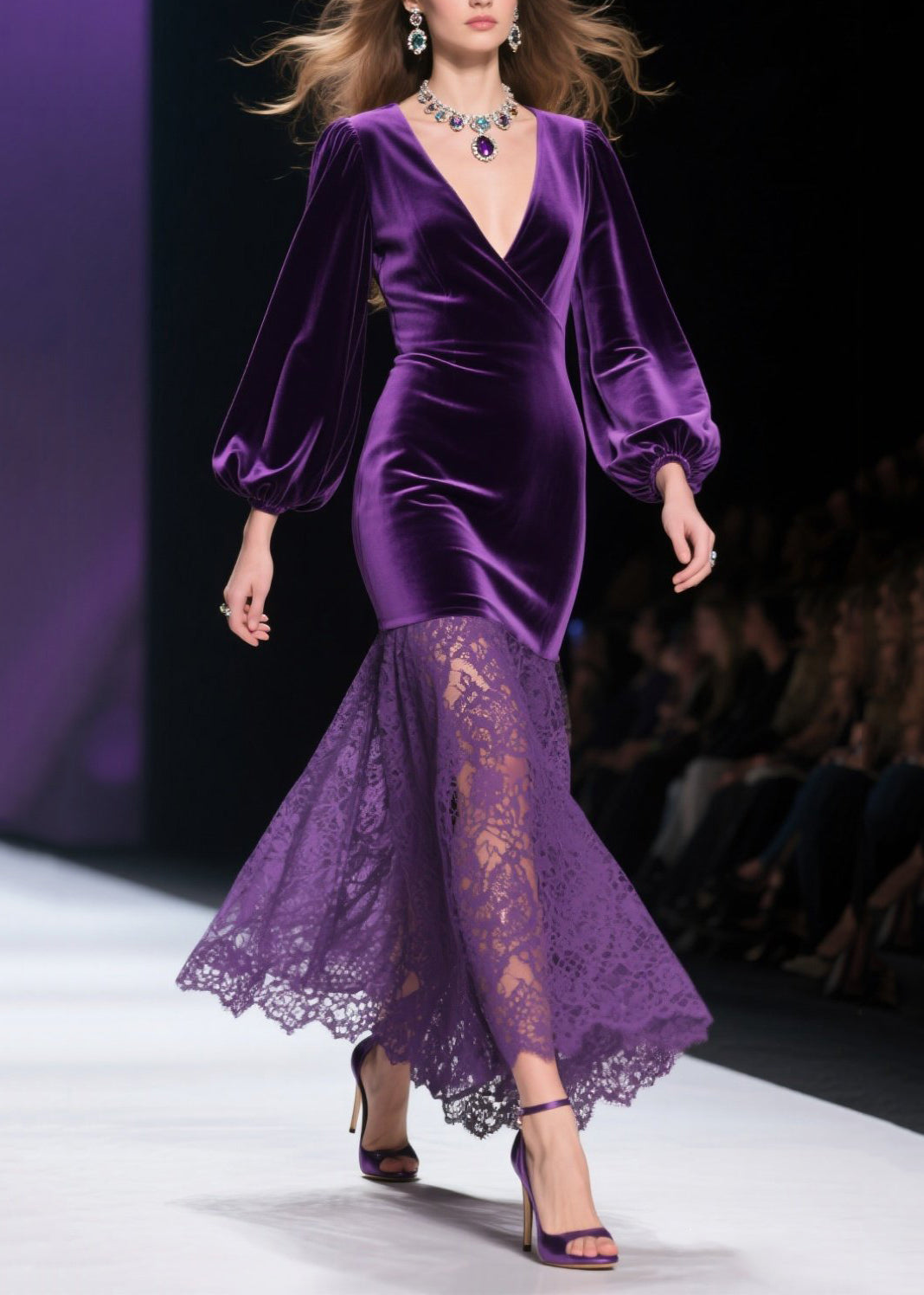 Velvet Wrap V-Neck Bishop Sleeve Lace Skirt Mermaid Maxi Gown