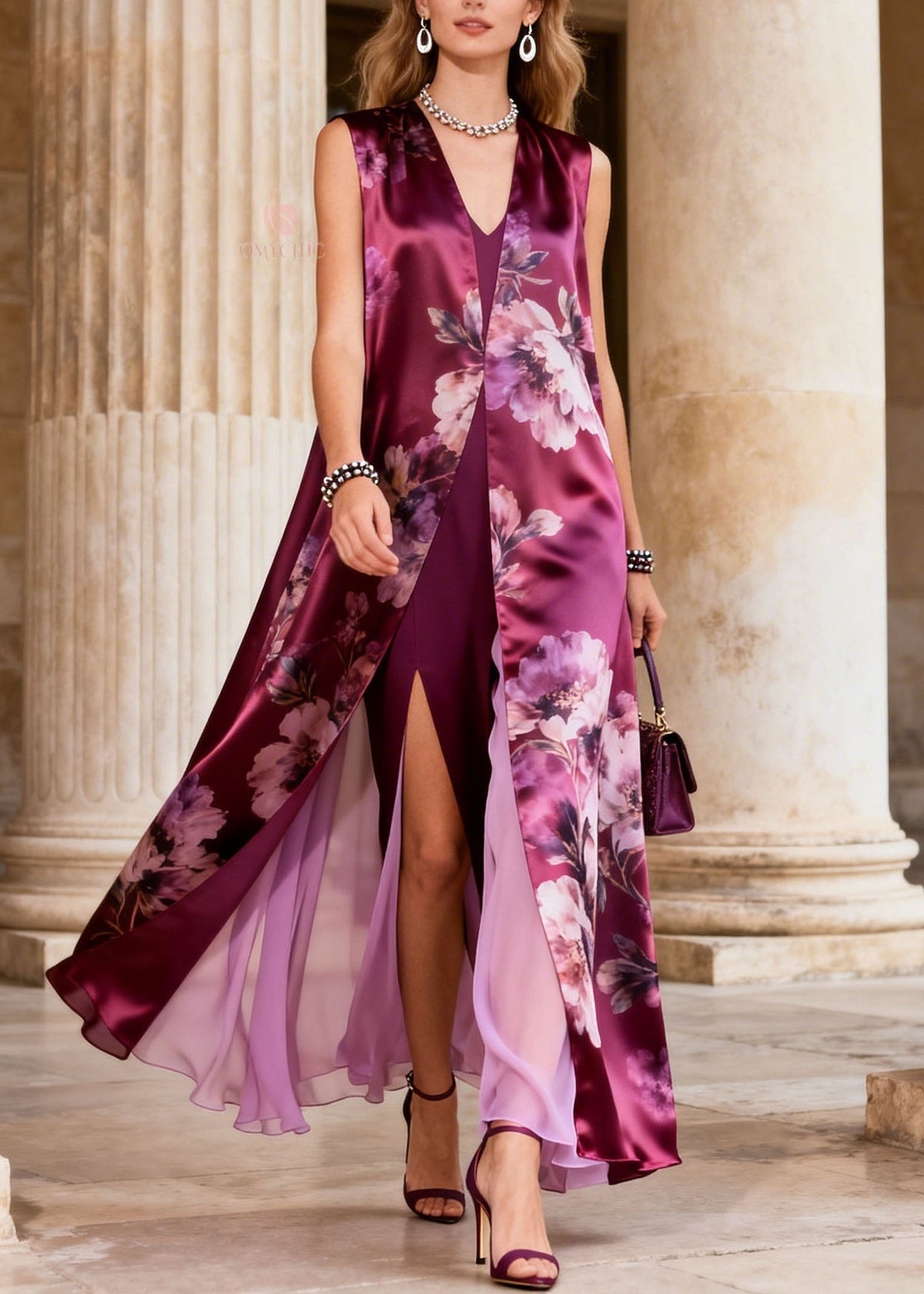 Floral Print Sleeveless Open Duster Overlay High Split Maxi Dress - View 3