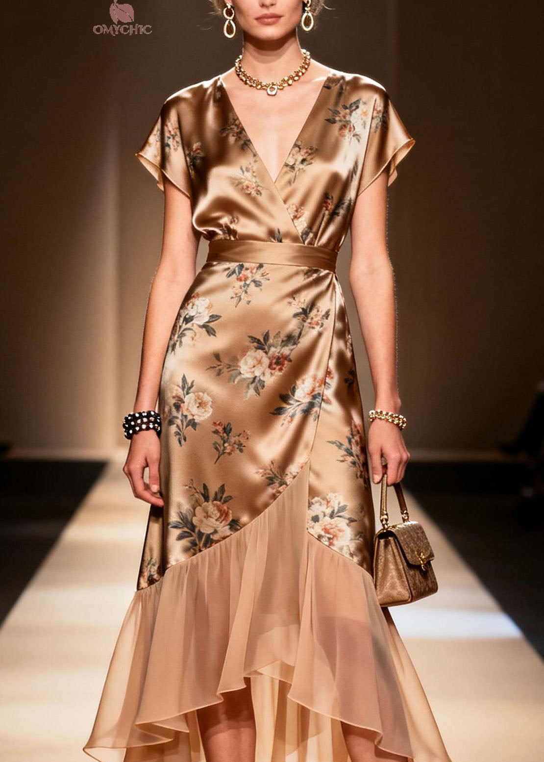 Satin Floral Wrap V-Neck Cap Sleeve Asymmetrical Ruffle Hem Midi Dress - View 2