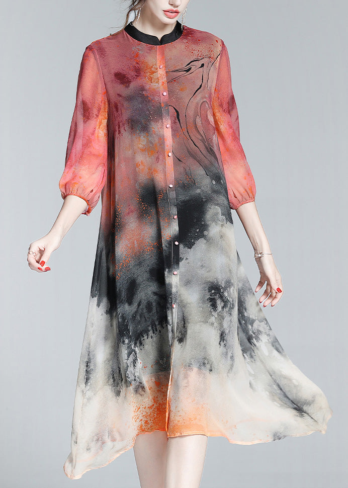 Abstract Print Mandarin Collar Button Down Midi Shirt Dress - View 2