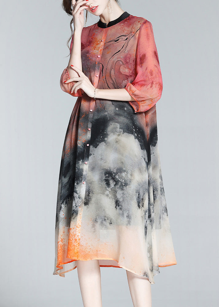 Abstract Print Mandarin Collar Button Down Midi Shirt Dress - View 3