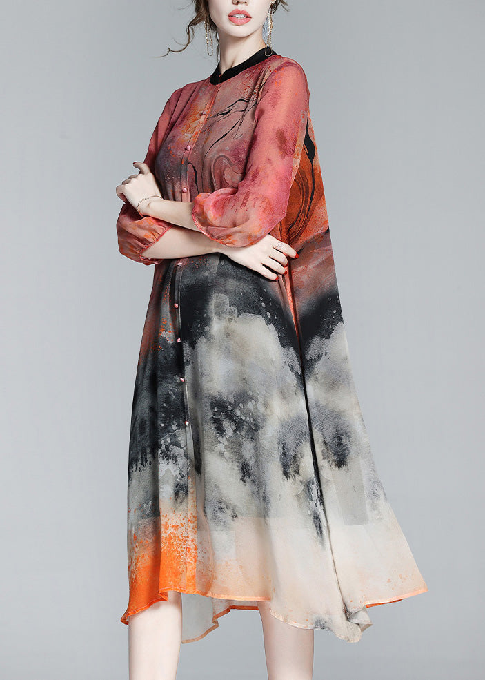 Abstract Print Mandarin Collar Button Down Midi Shirt Dress - View 4