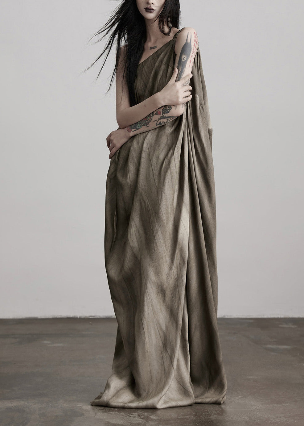One Shoulder Oversized Draped Vertical Stripe Maxi Gown