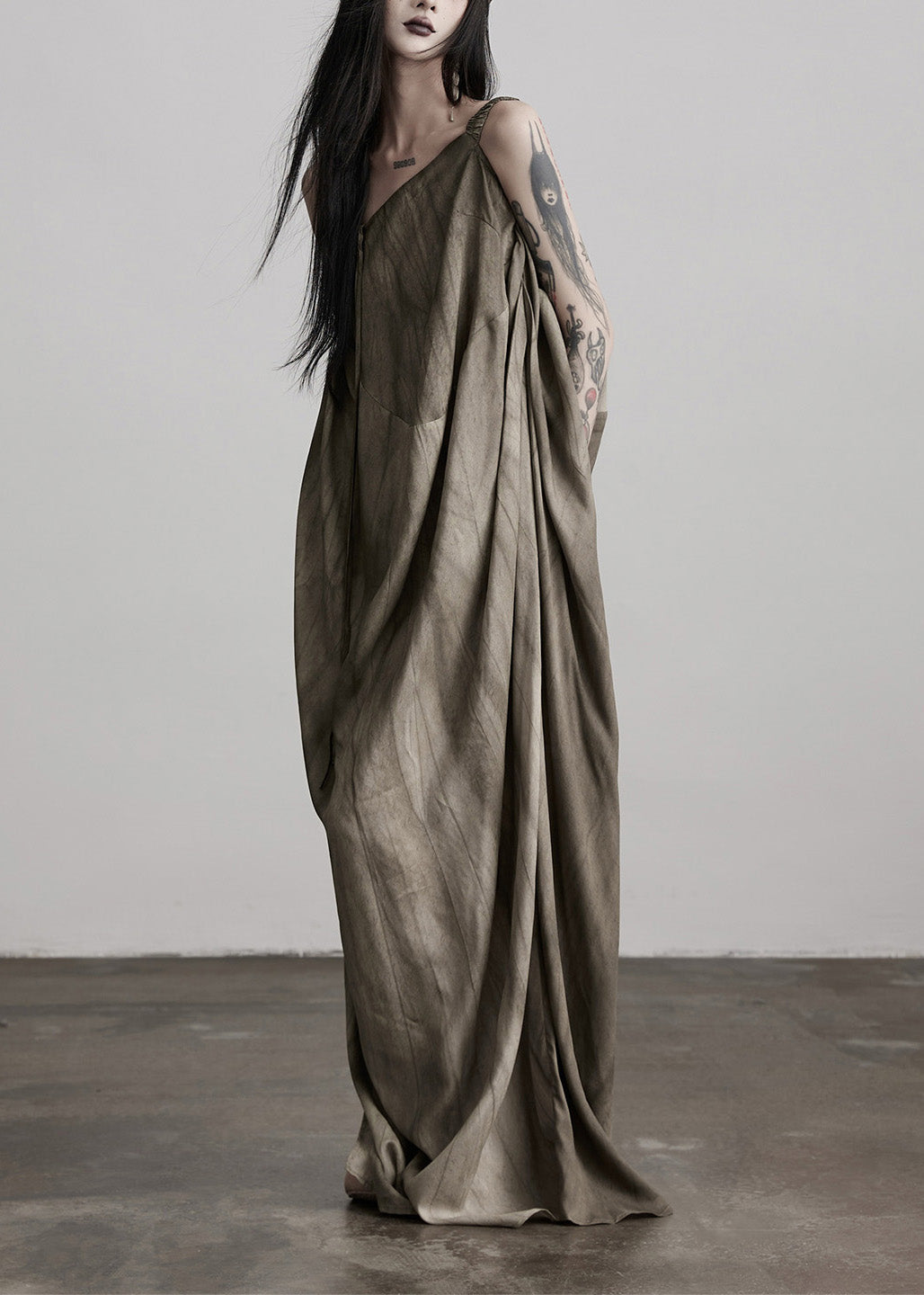 One Shoulder Oversized Draped Vertical Stripe Maxi Gown - View 3