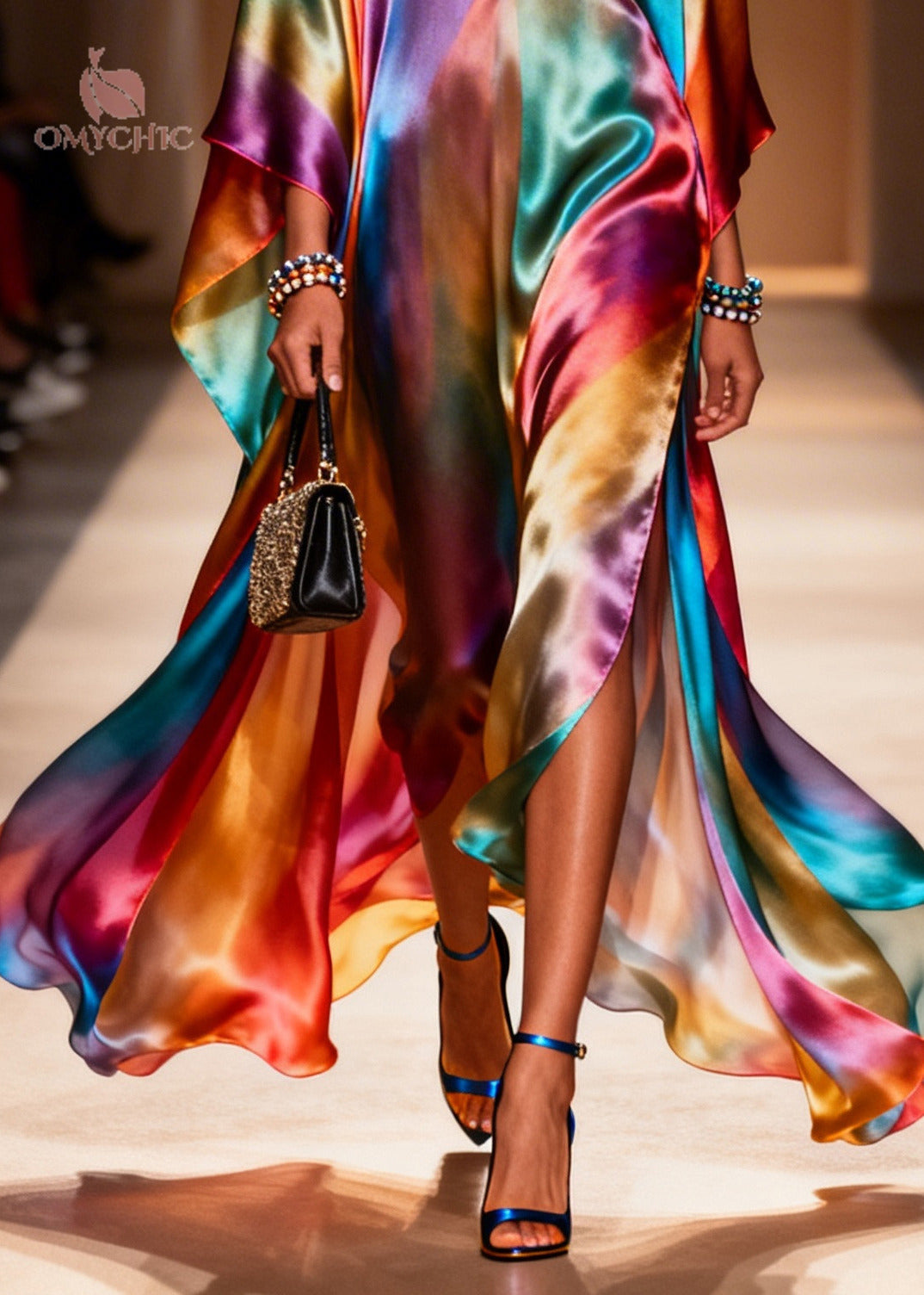 Tie Dye Deep V-Neck Batwing Sleeve High Split Satin Kaftan Maxi Dress - View 4