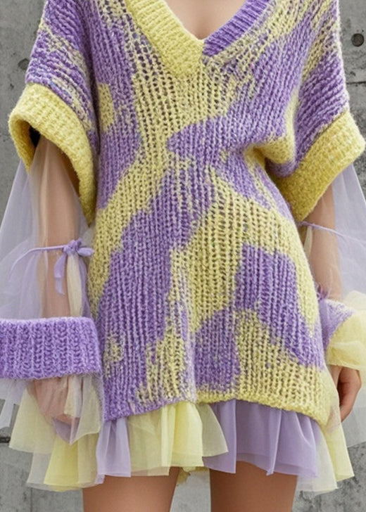Abstract Chunky Knit Layered Mesh Ruffle Hem Oversized Mini Dress - View 4