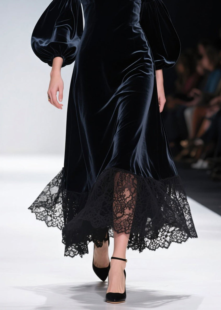Art V Neck Lace Patchwork Velvet Maxi Dresses Lantern Sleeve - View 4