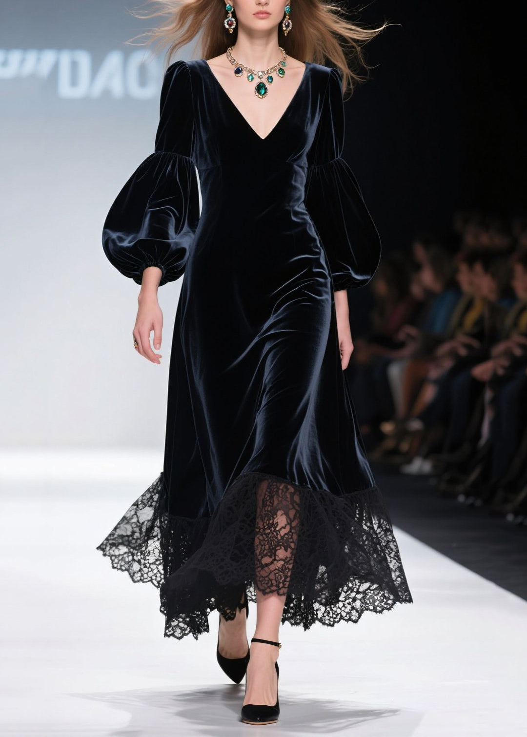 Art V Neck Lace Patchwork Velvet Maxi Dresses Lantern Sleeve - View 5